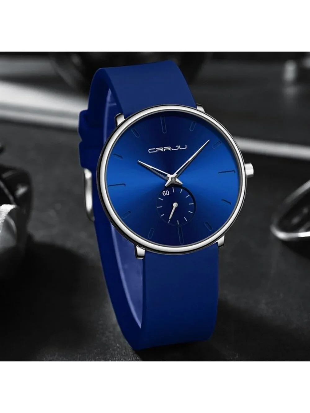 Crrju Me's Blue Silver Modern Waterproof Quartz Unisex Ultra Silicone Band Watch